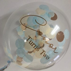 confetti balloon rose gold blue and rose gold text