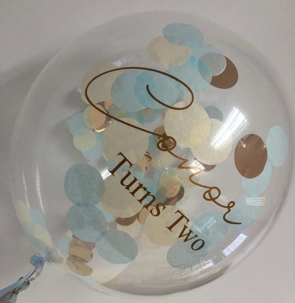 confetti balloon rose gold blue and rose gold text