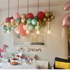 balloon cluster hanging on wall in front of cake table