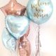 baby blue and rose gold foil balloon bunches and baby blue orb personalised