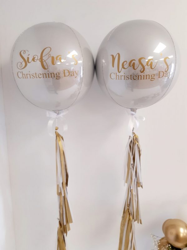 White orbz balloon with gold text
