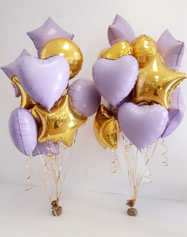 foil balloon bunches gold and lilac