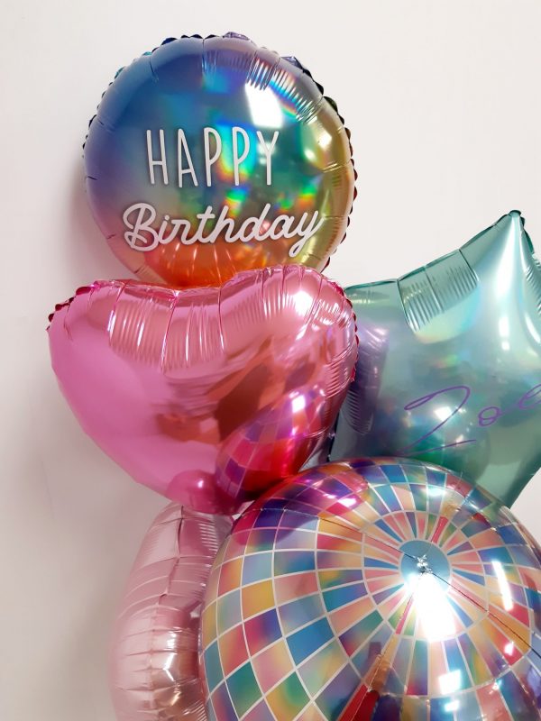 happy birthday balloon bunch with disco ball close