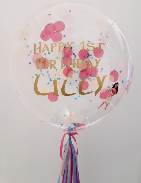 personalised bright pink & blue confetti bubble balloon moana pic