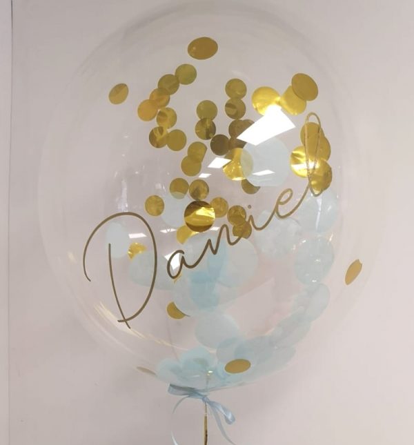 personalised gold & blue confetti bubble balloon