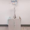 personalised rose gold & blue confetti bubble balloon standing in white gift box