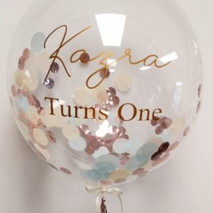 personalised rose gold, blue & ivory confetti bubble balloon
