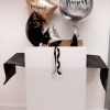 silver orb balloon with tassel and bunch of 3 balloons in a large white box