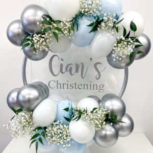 Dusty Blue, silver & white balloon hoop personalised
