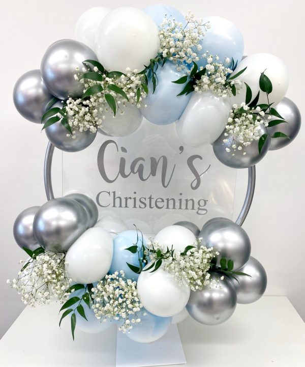 Dusty Blue, silver & white balloon hoop personalised
