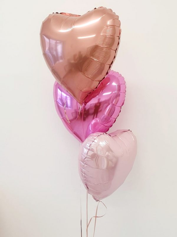 rose gold, bright pink and pastel pink heart balloon bunch