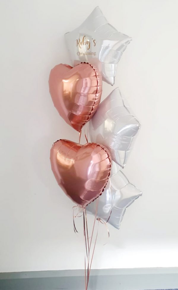 white and rose gold balloon bunch