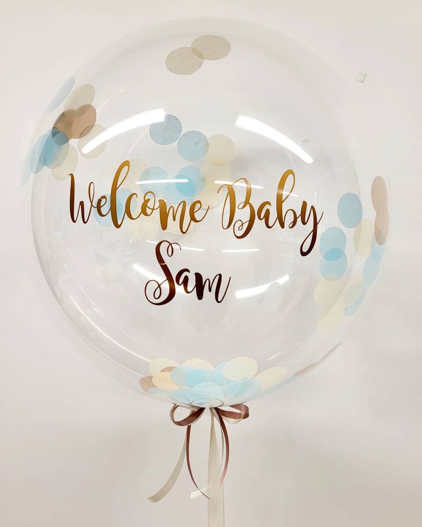Personalised Rose Gold, Blue & Ivory Confetti Bubble Balloon