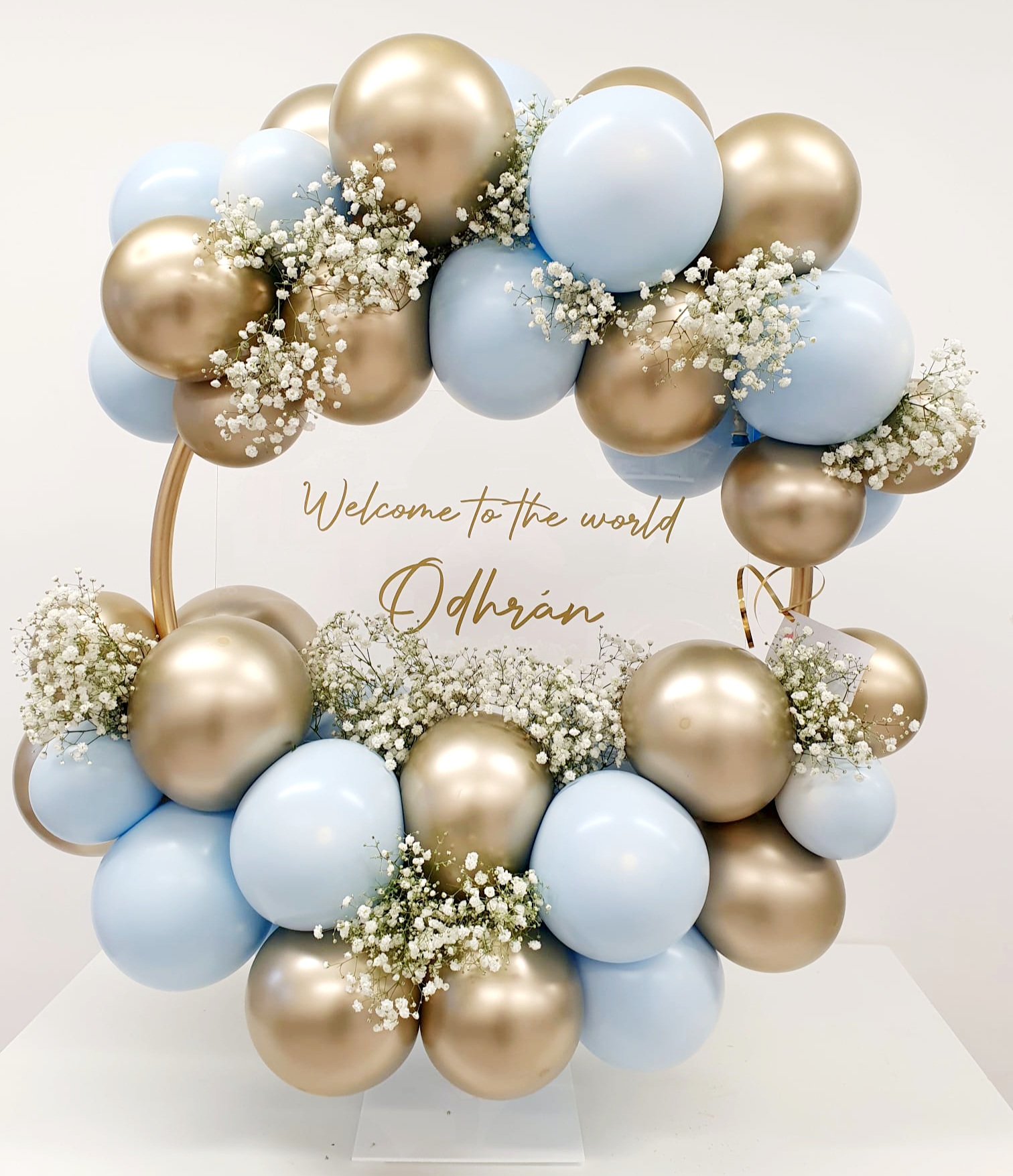 dusty blue and gold balloon hoop